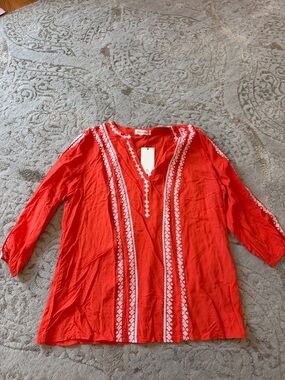 Solitaire Red Embroidered V-Neck Tunic with White Accents